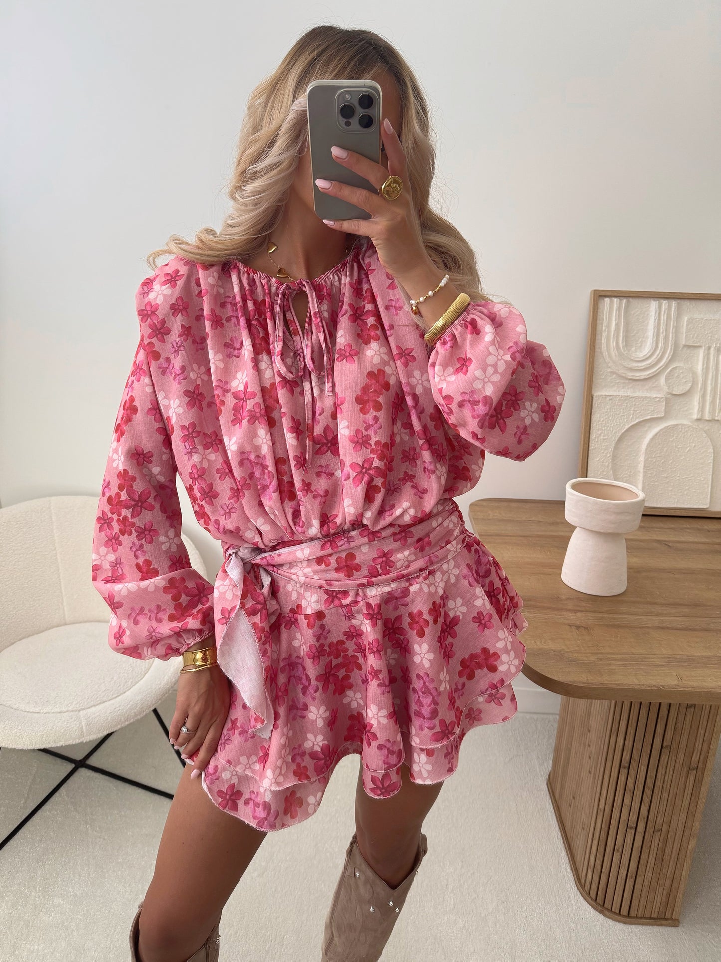 VALENTI Floral Print Ruffled Dress with Belt - Pink