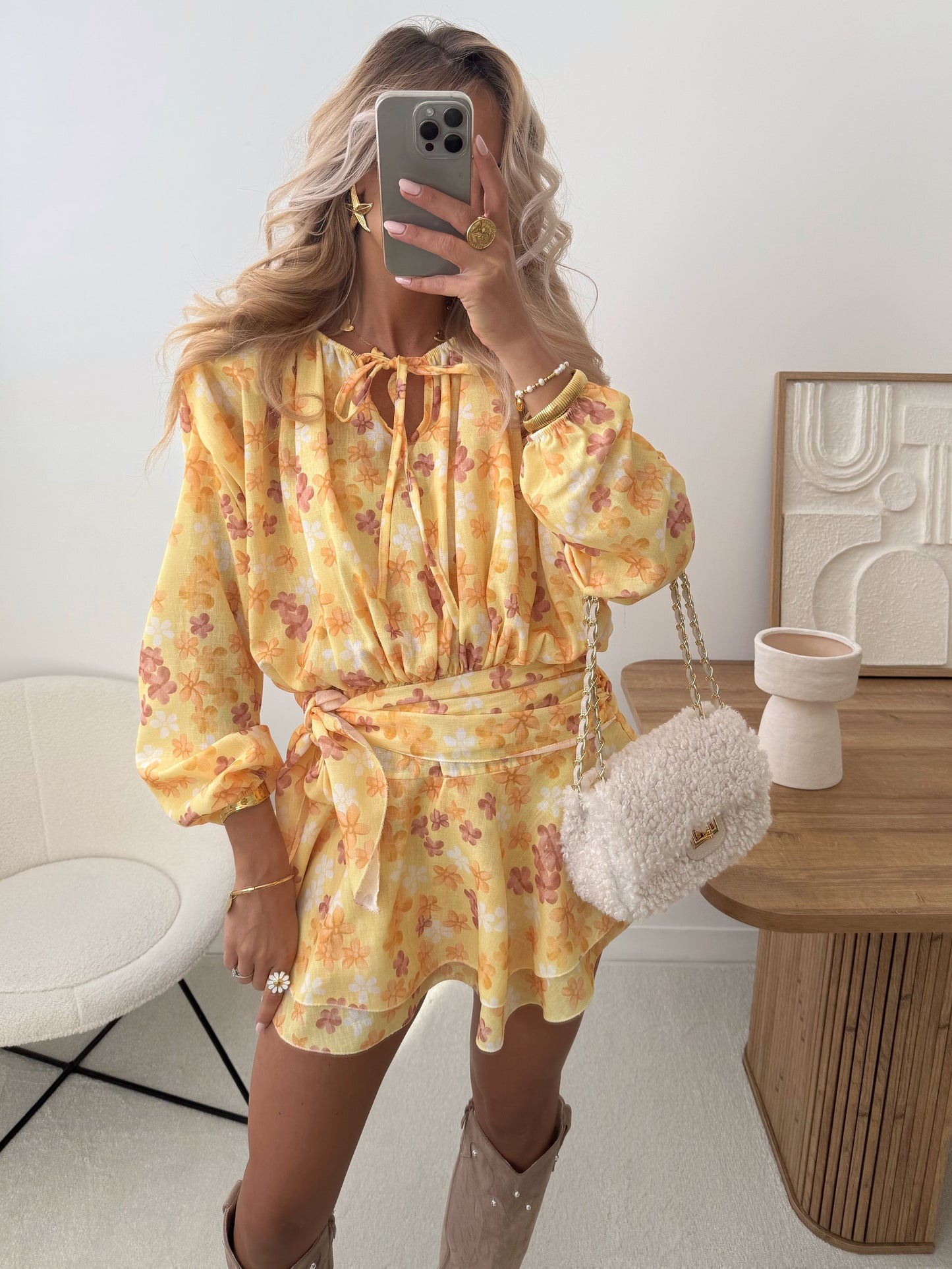 VALENTI Floral Print Ruffled Dress with Belt - Yellow