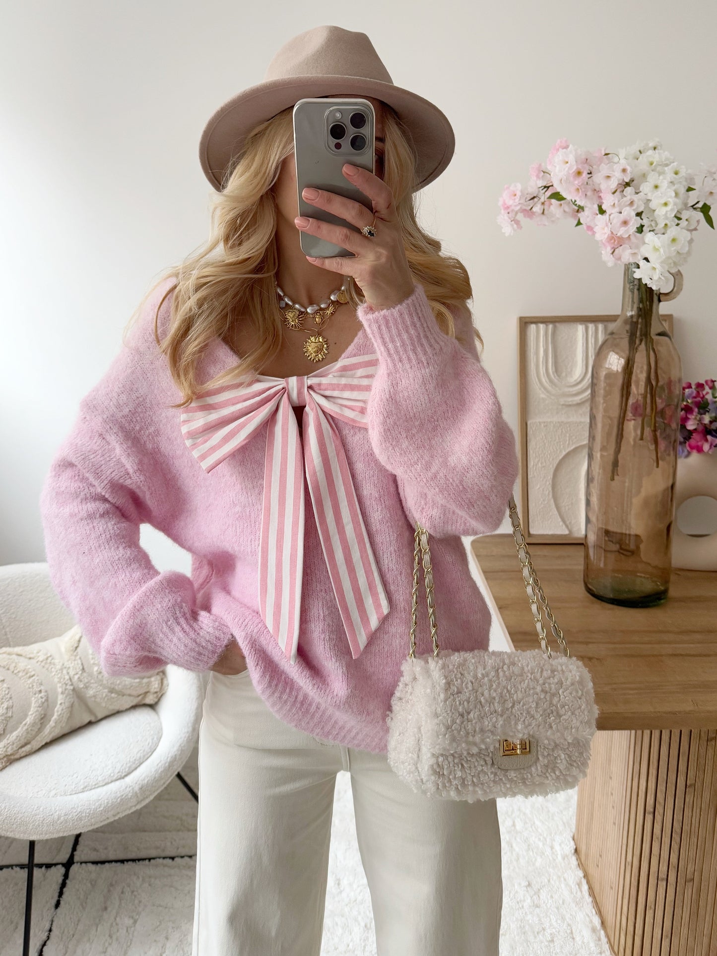 EMRULA pink striped bow knit