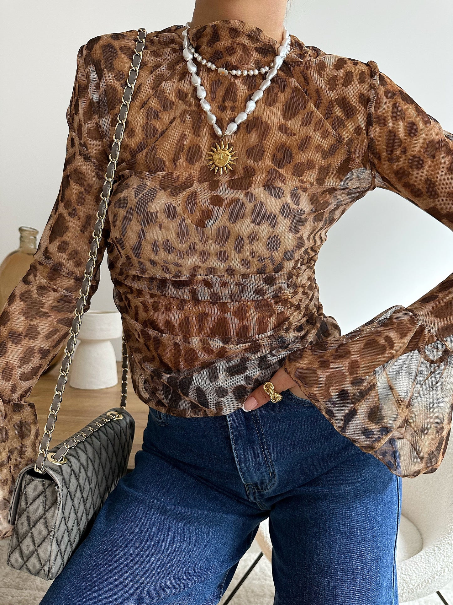 VALONGO leopard print tulle top