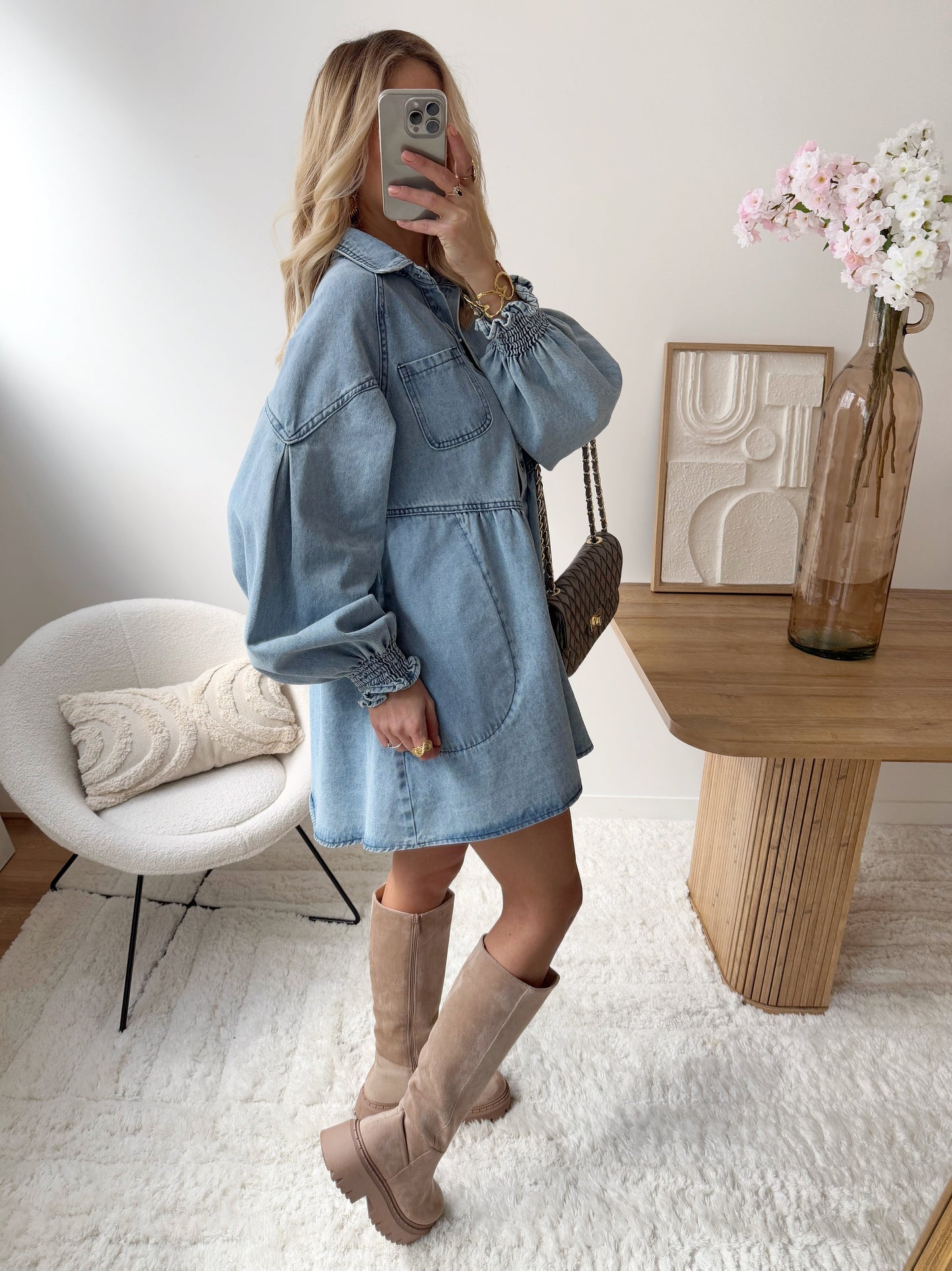 ALANYS light blue shirt collar denim dress