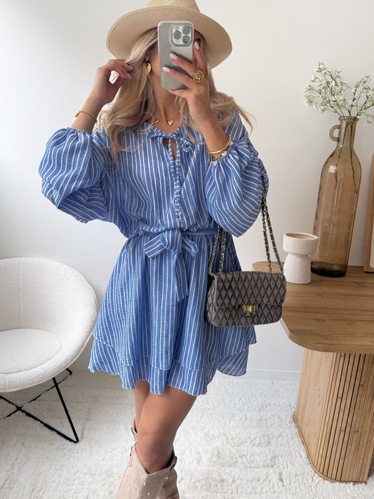 BENIA linen blend striped ruffled dress - blue