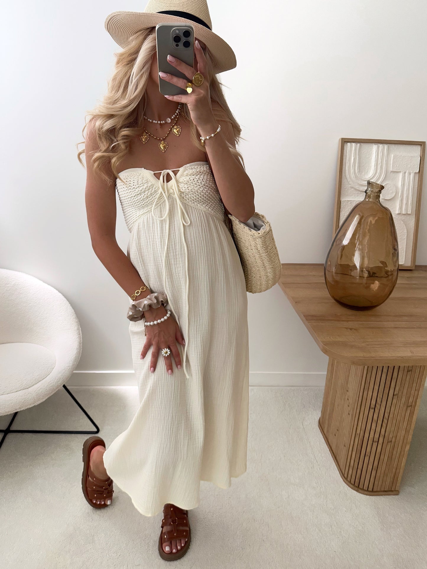 SINY crochet and cotton gauze strapless dress - ecru