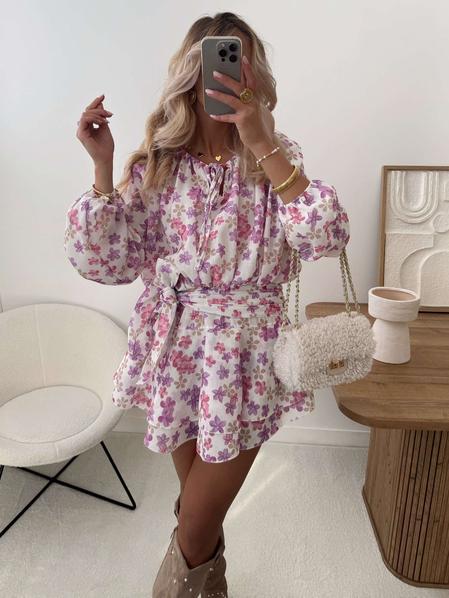 VALENTI floral print ruffled dress with belt - white