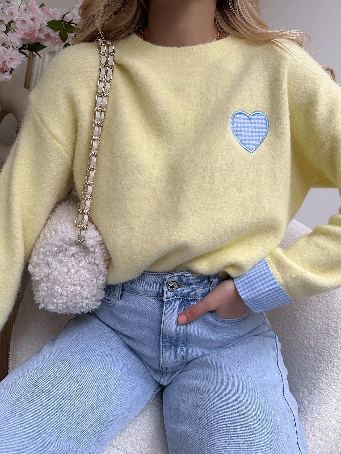 AVELINO yellow embroidered gingham print heart sweater