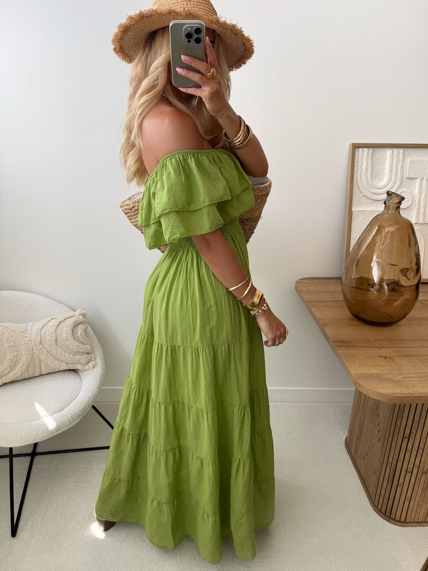 ARCANE long ruffled bardot neck dress - olive green
