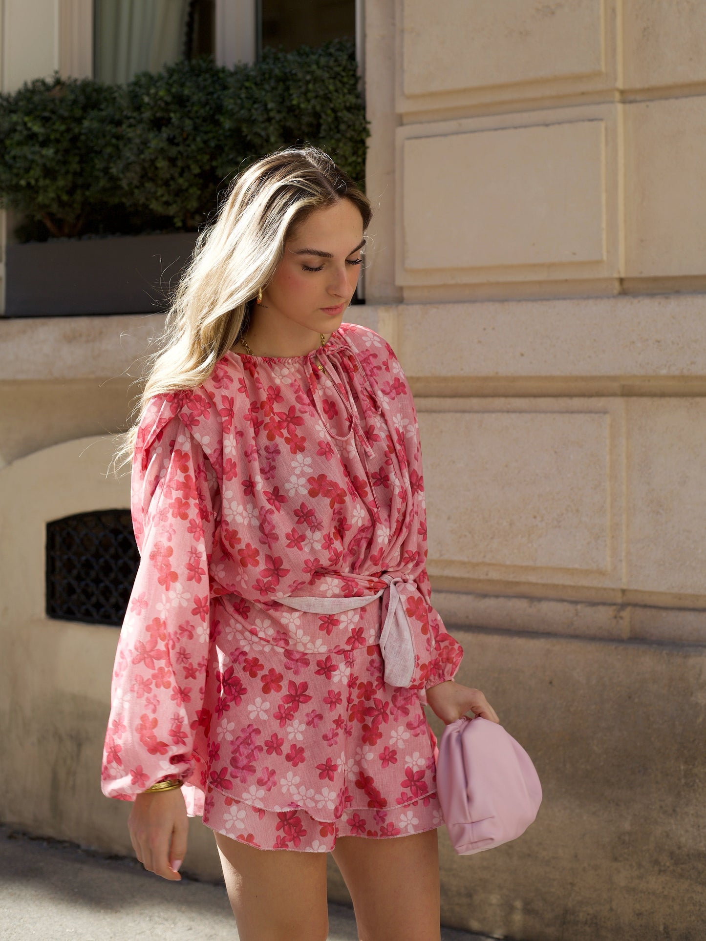 VALENTI Floral Print Ruffled Dress with Belt - Pink
