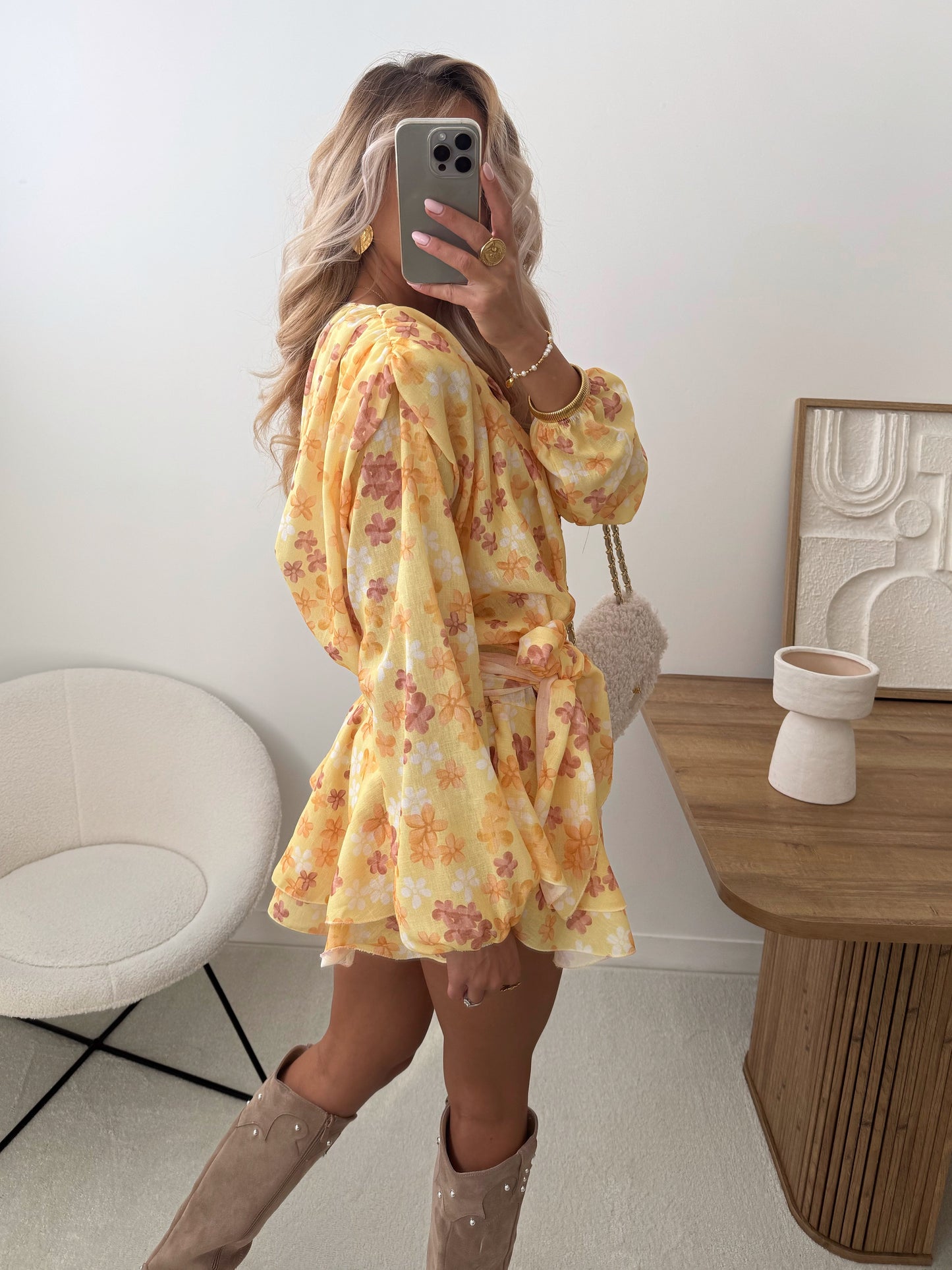 VALENTI Floral Print Ruffled Dress with Belt - Yellow