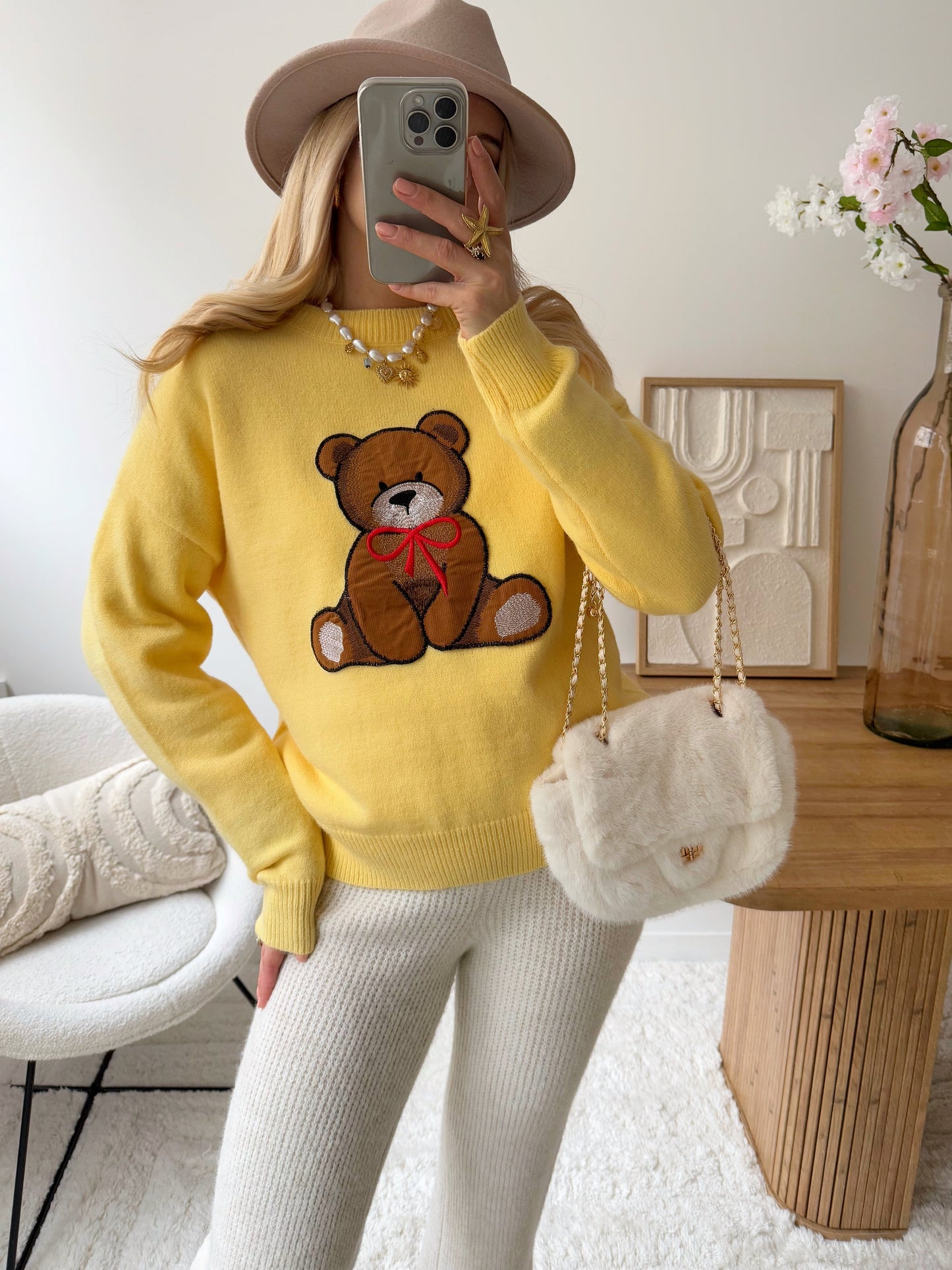 Embroidered teddy bear knit BEAR - chick yellow