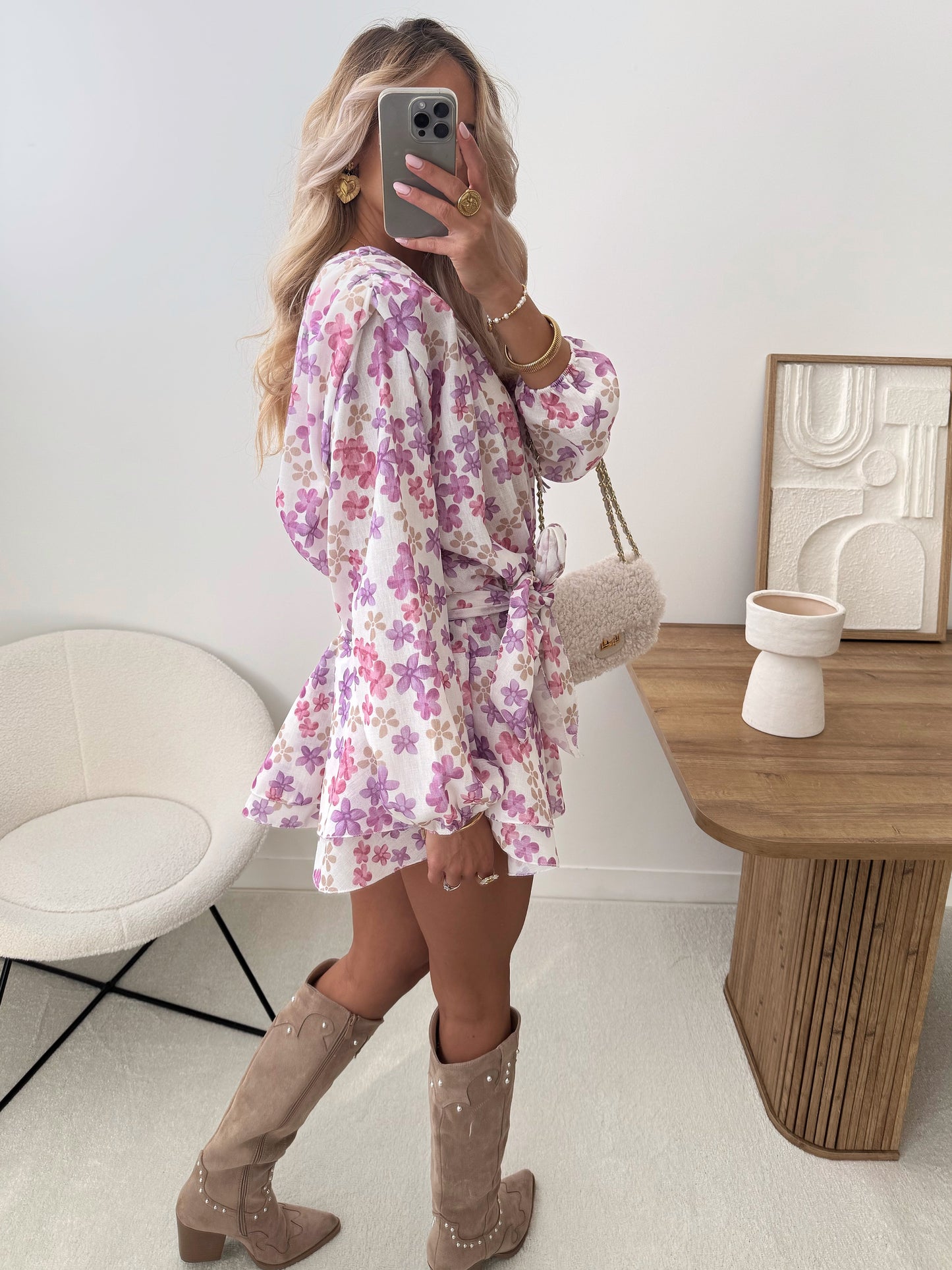 VALENTI floral print ruffled dress with belt - white