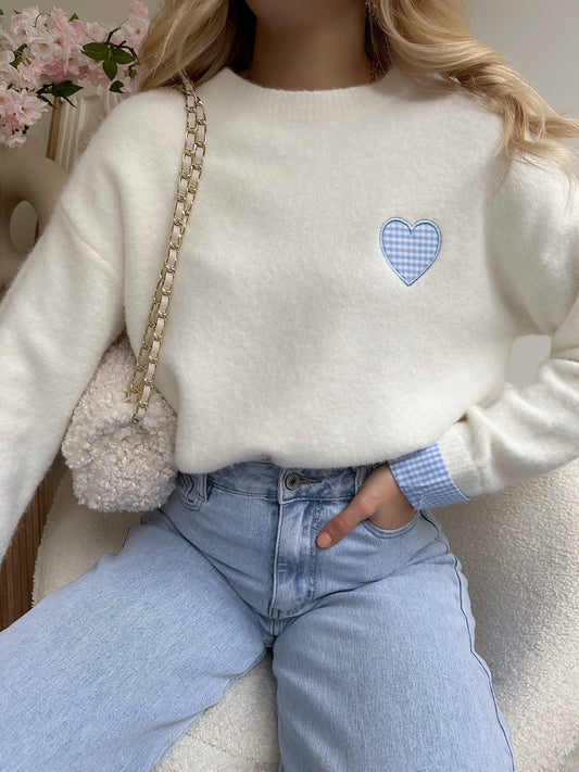 AVELINO white embroidered gingham print heart sweater