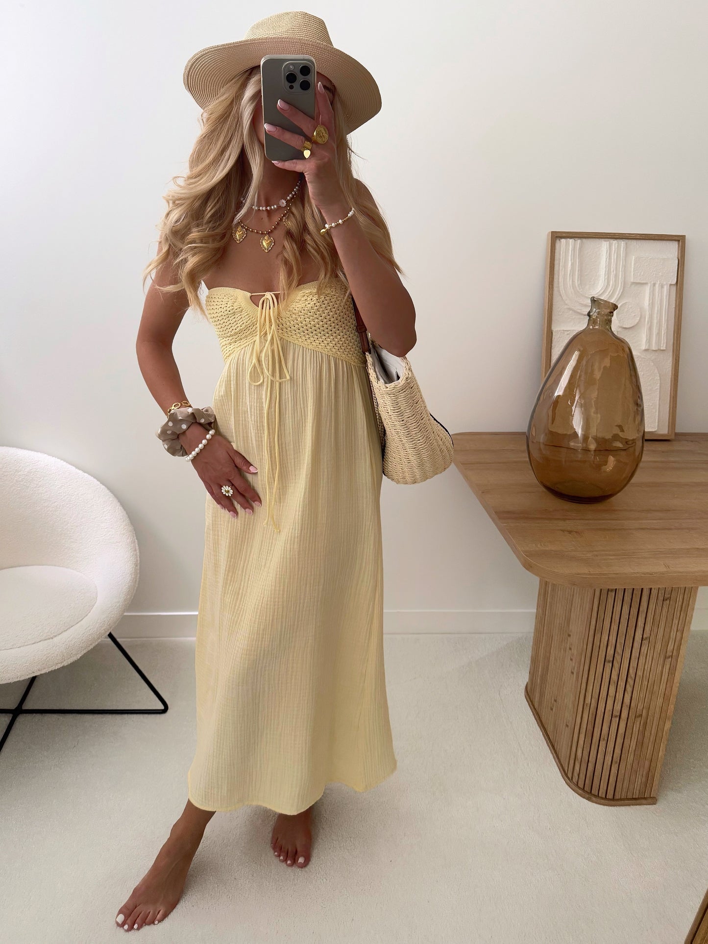 SINY crochet and cotton gauze strapless dress - pale yellow