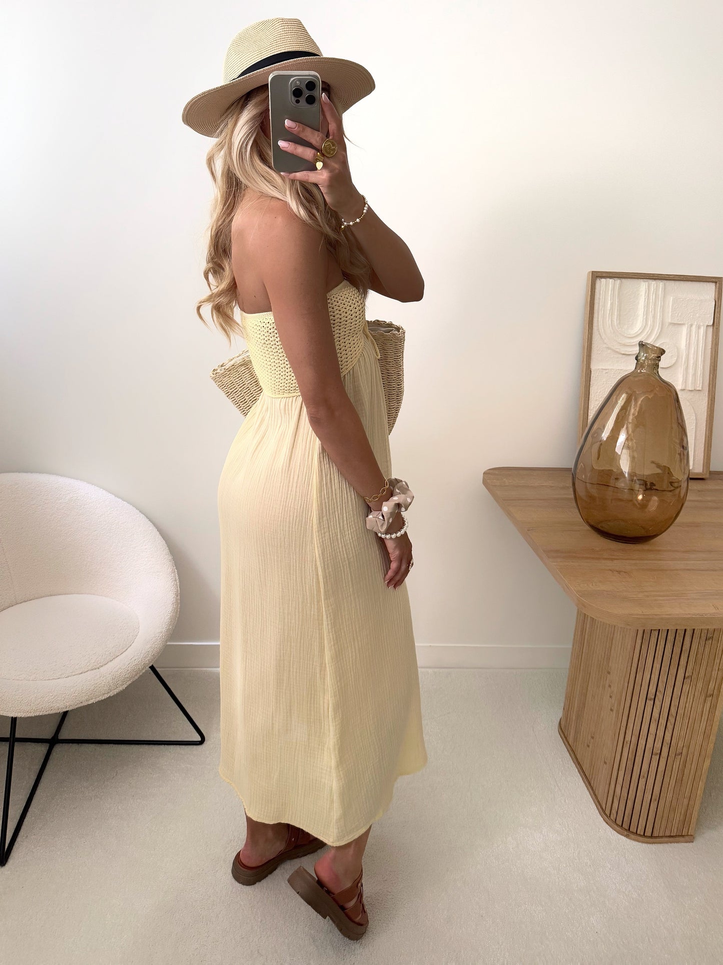 SINY crochet and cotton gauze strapless dress - pale yellow