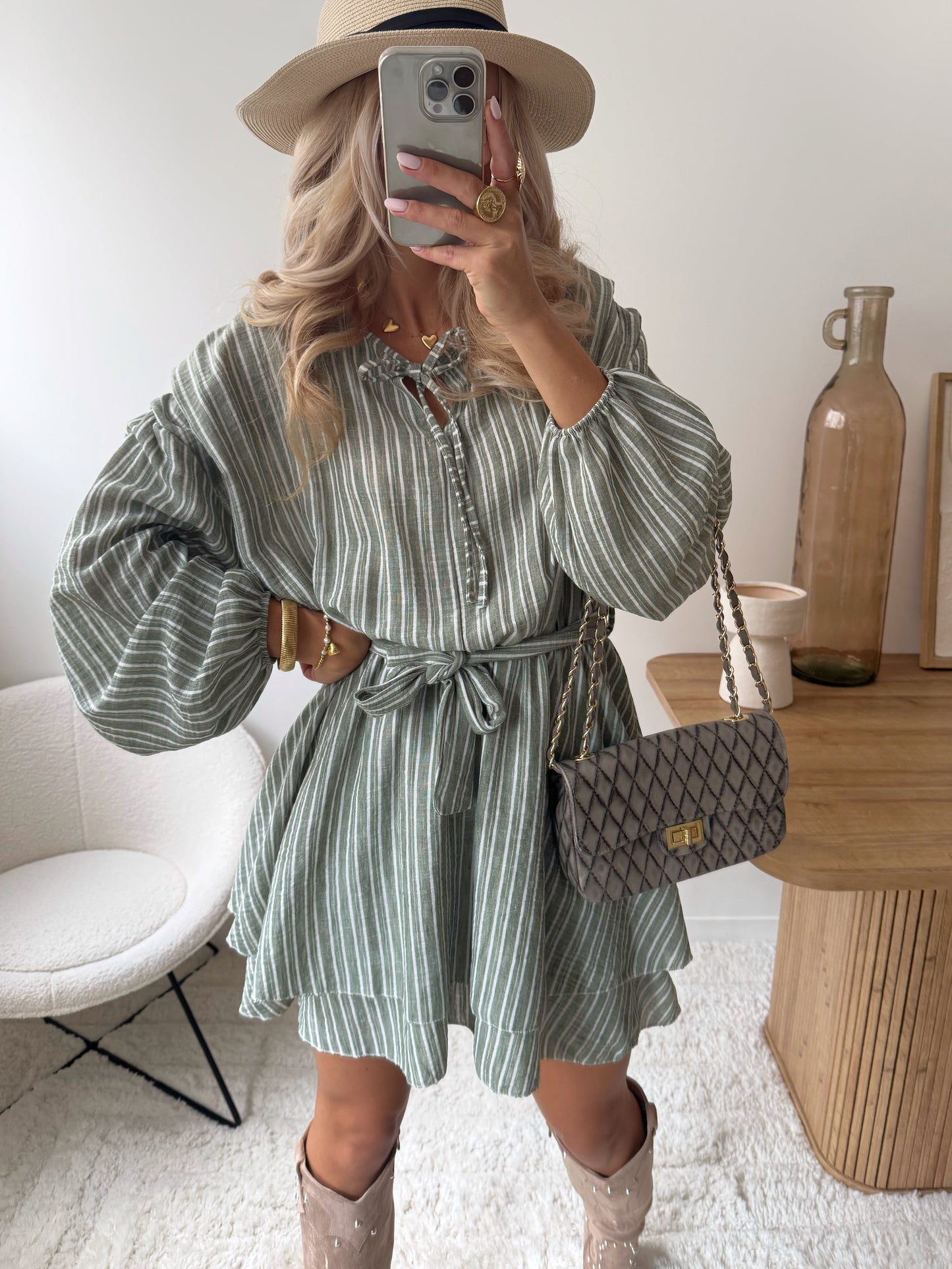 BENIA linen blend striped ruffled dress - khaki