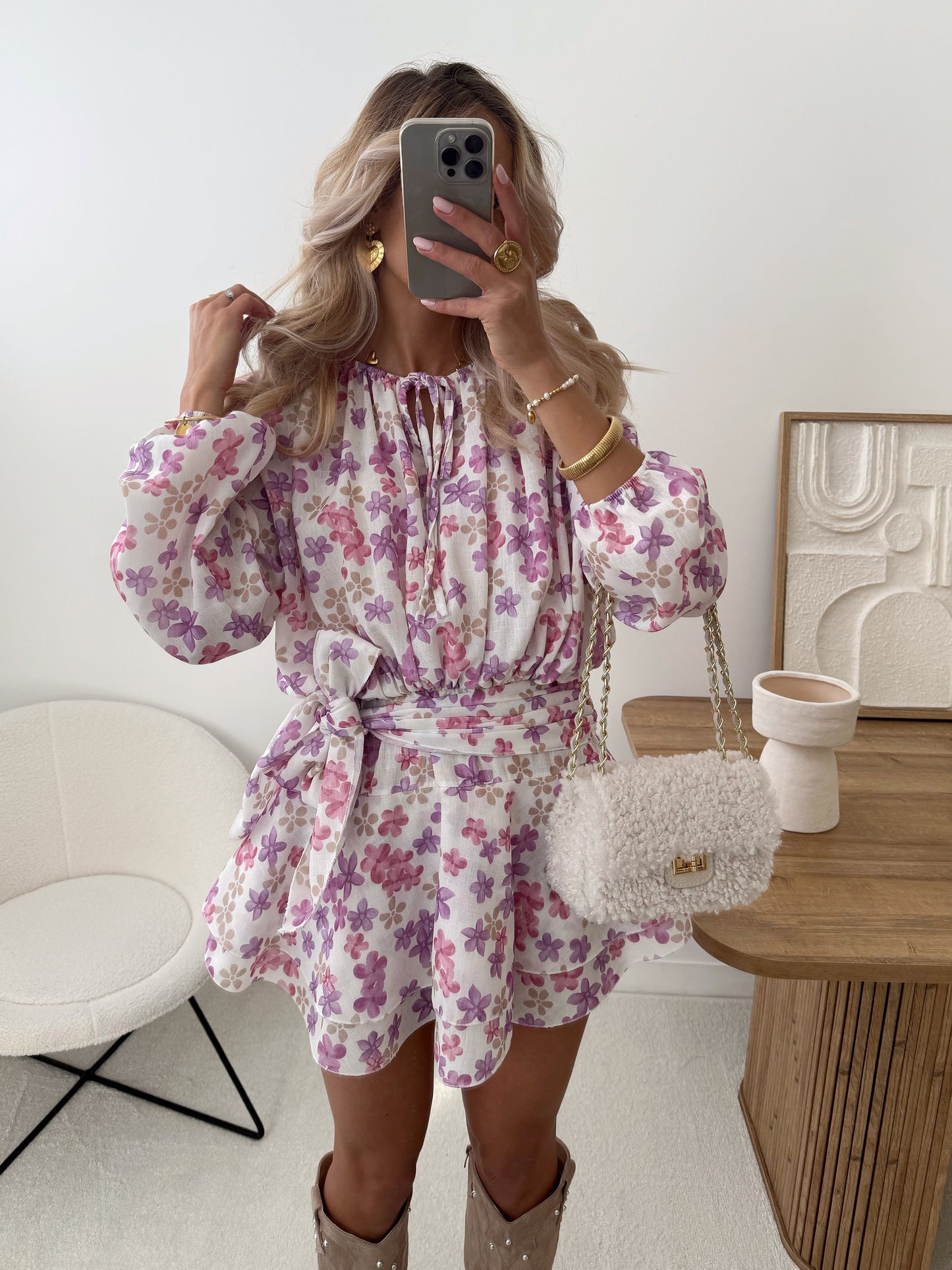 VALENTI floral print ruffled dress with belt - white