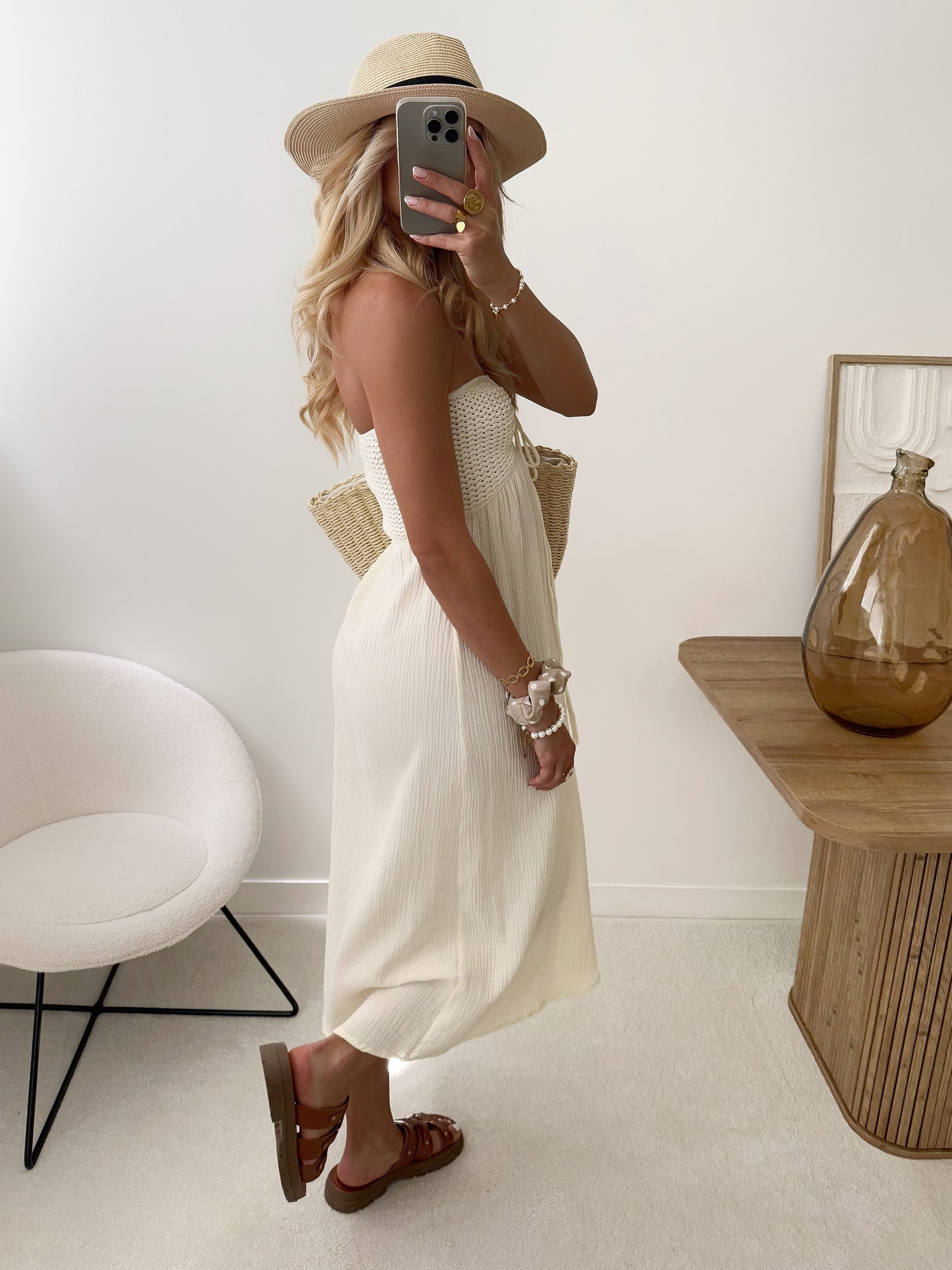 SINY crochet and cotton gauze strapless dress - ecru