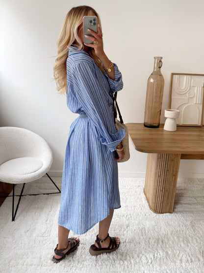SIROLE linen blend striped maxi dress - blue