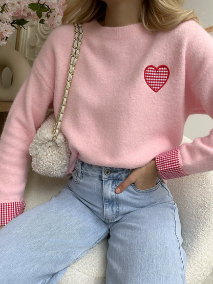 AVELINO pink embroidered gingham print heart sweater