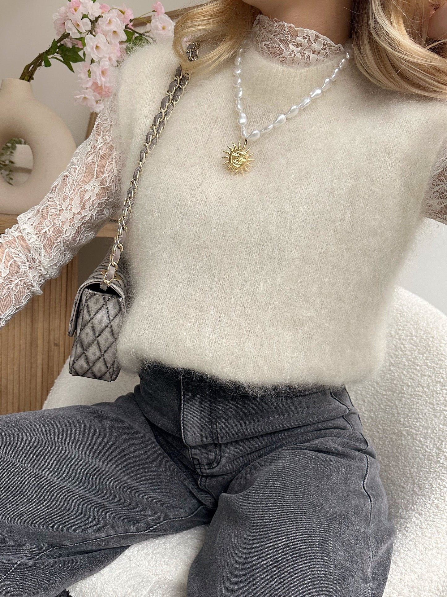 RAPHI ecru sleeveless kid mohair sweater