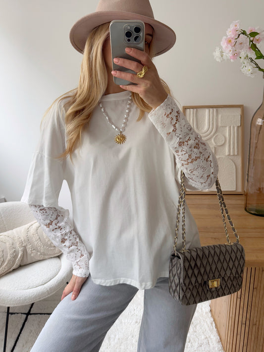 JELEN Lace Sleeve T-Shirt - White