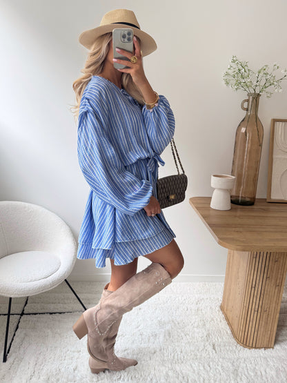 BENIA linen blend striped ruffled dress - blue