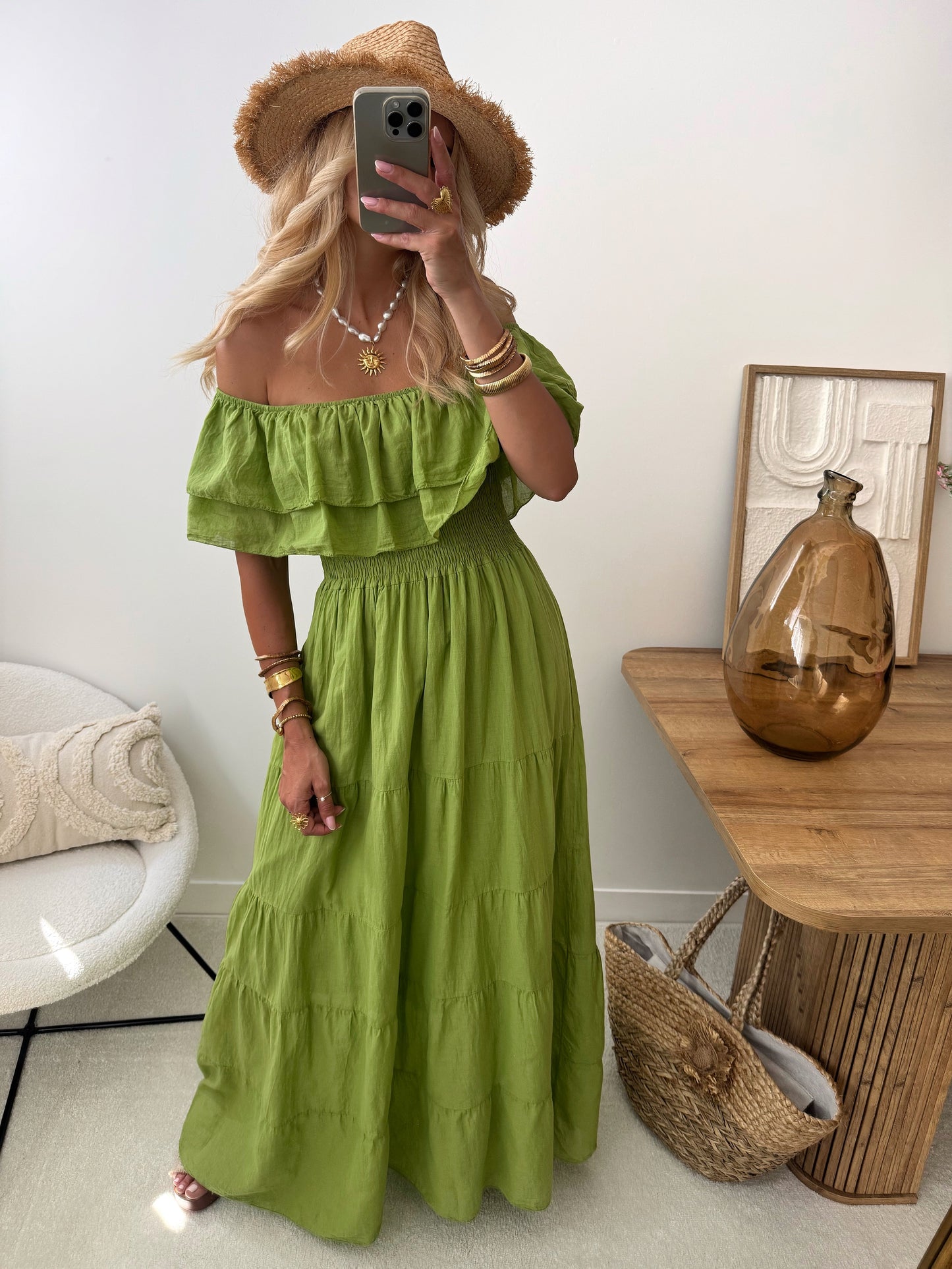 ARCANE long ruffled bardot neck dress - olive green