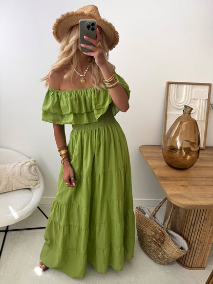 ARCANE long ruffled bardot neck dress - olive green