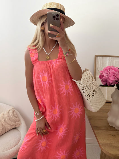 ARAW Cotton Gauze Print Dress - Coral