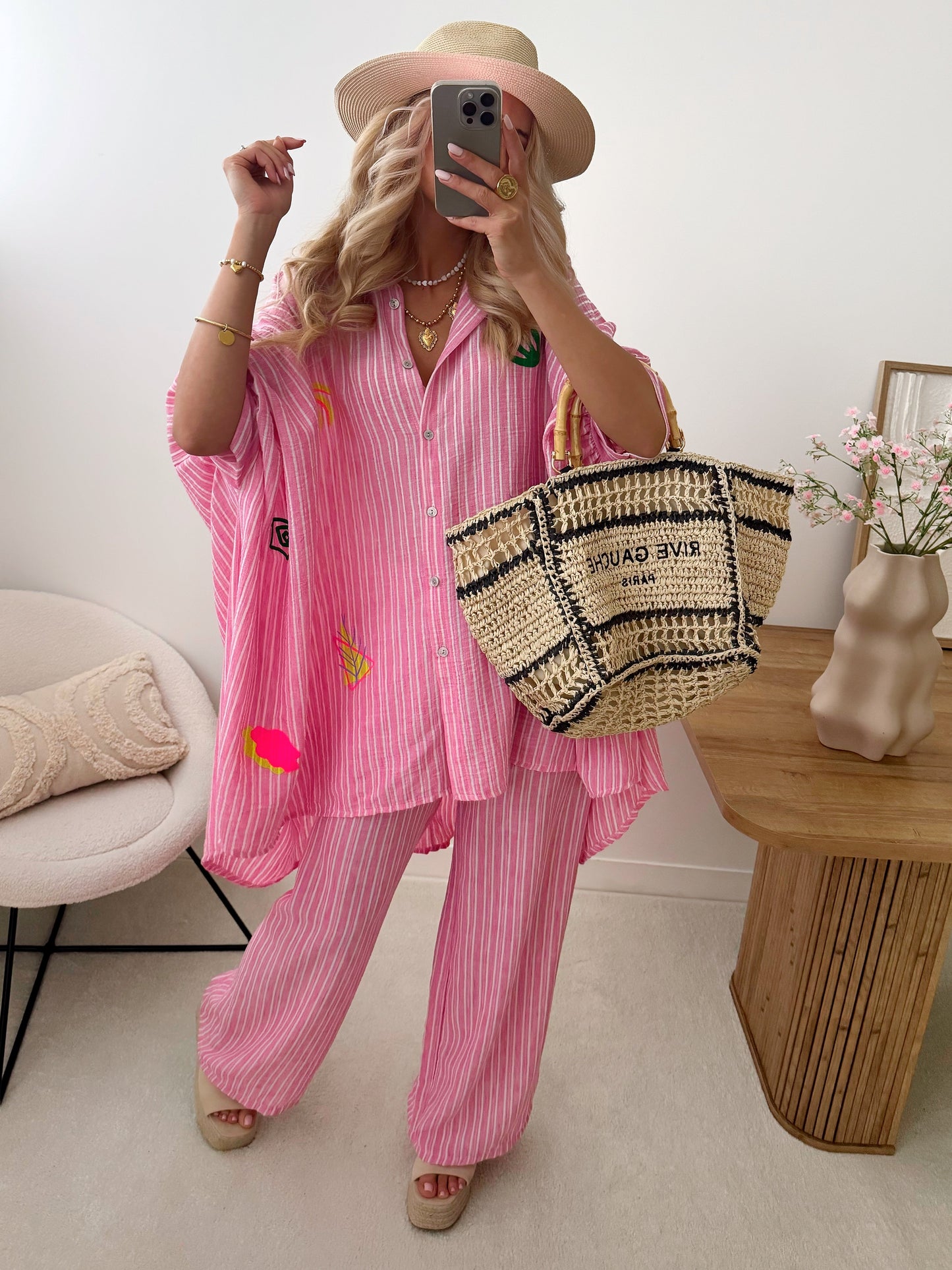 ETHANE linen blend striped wide leg pants