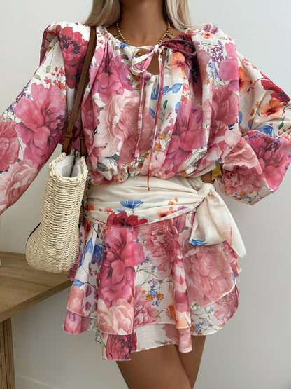 FREDERICA floral print ruffled dress with belt - fuchsia