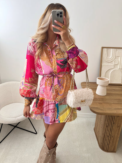 TAJE printed dress with ruffles and belt