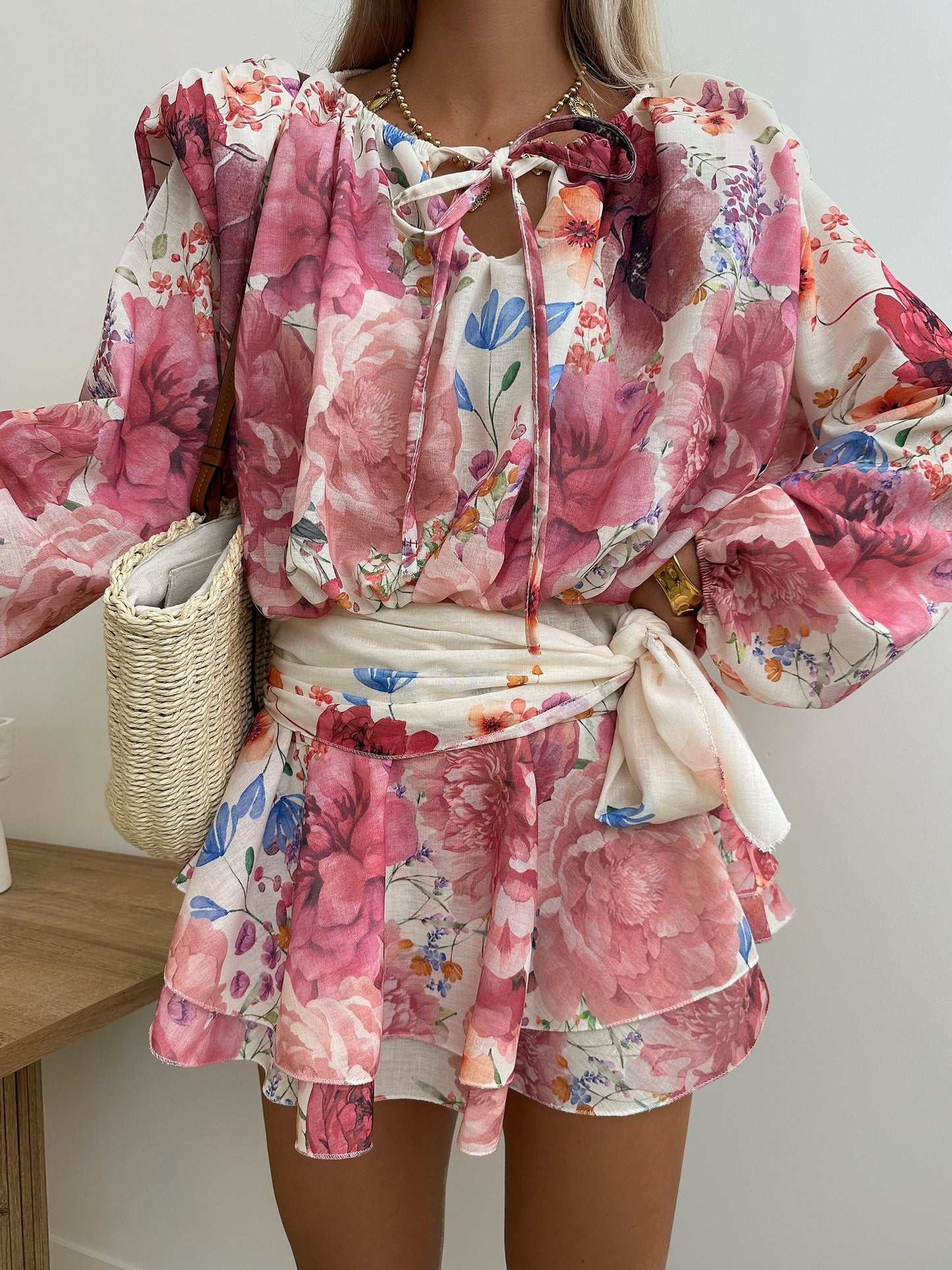 FREDERICA floral print ruffled dress with belt - fuchsia