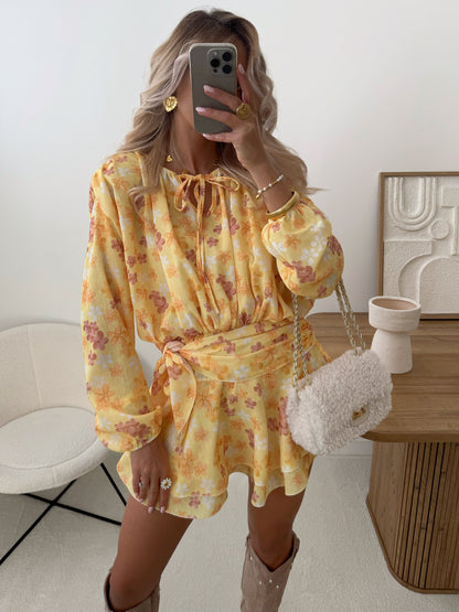 VALENTI Floral Print Ruffled Dress with Belt - Yellow