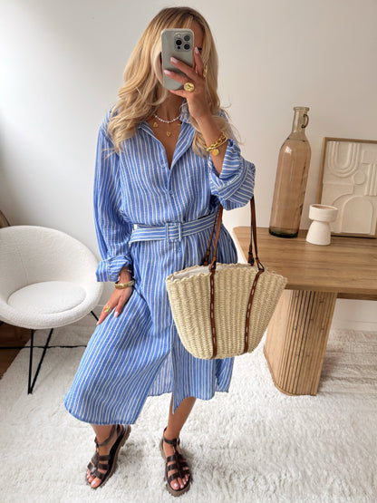SIROLE linen blend striped maxi dress - blue