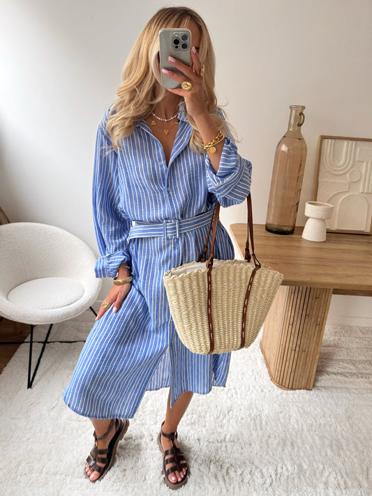 SIROLE linen blend striped maxi dress - blue