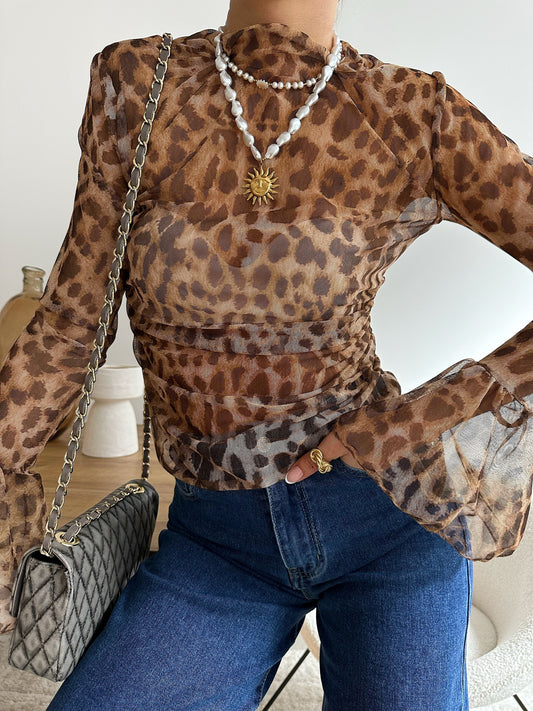 VALONGO leopard print tulle top