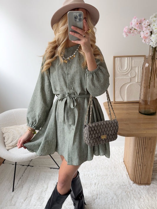 MANATI khaki belted Mao collar dress