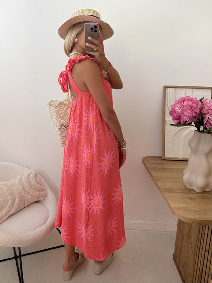 ARAW Cotton Gauze Print Dress - Coral