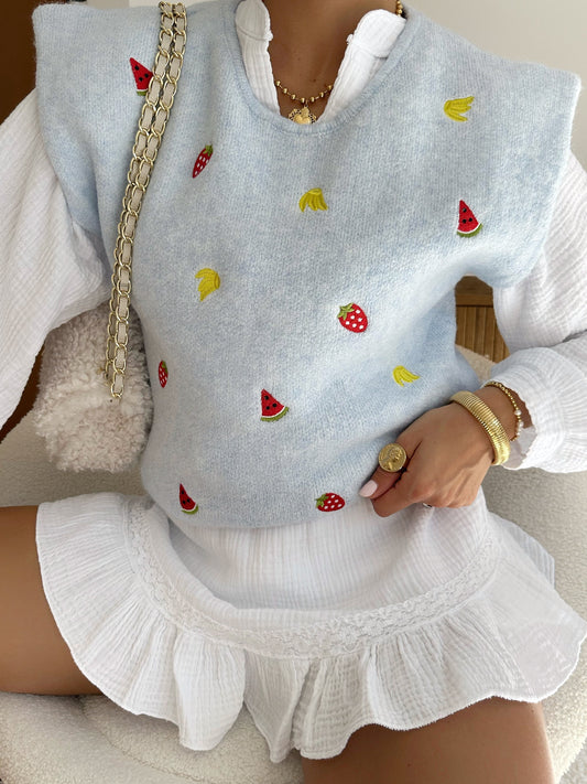 CLAUDE fruit print sleeveless sweater - blue