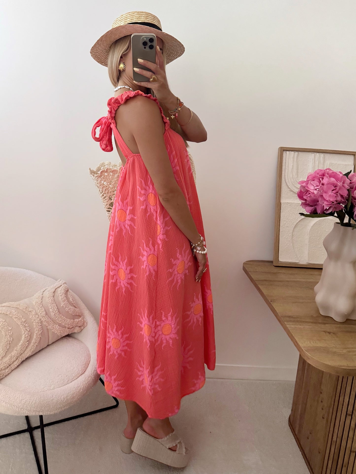 ARAW Cotton Gauze Print Dress - Coral