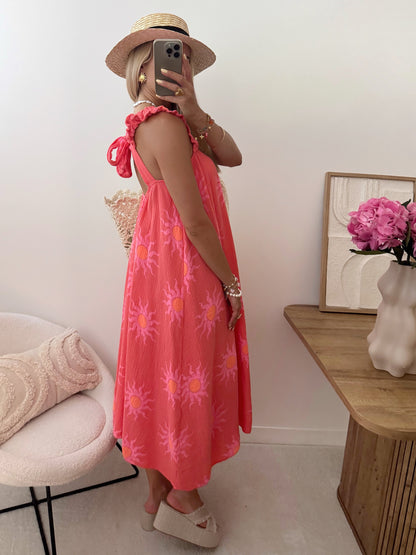 ARAW Cotton Gauze Print Dress - Coral