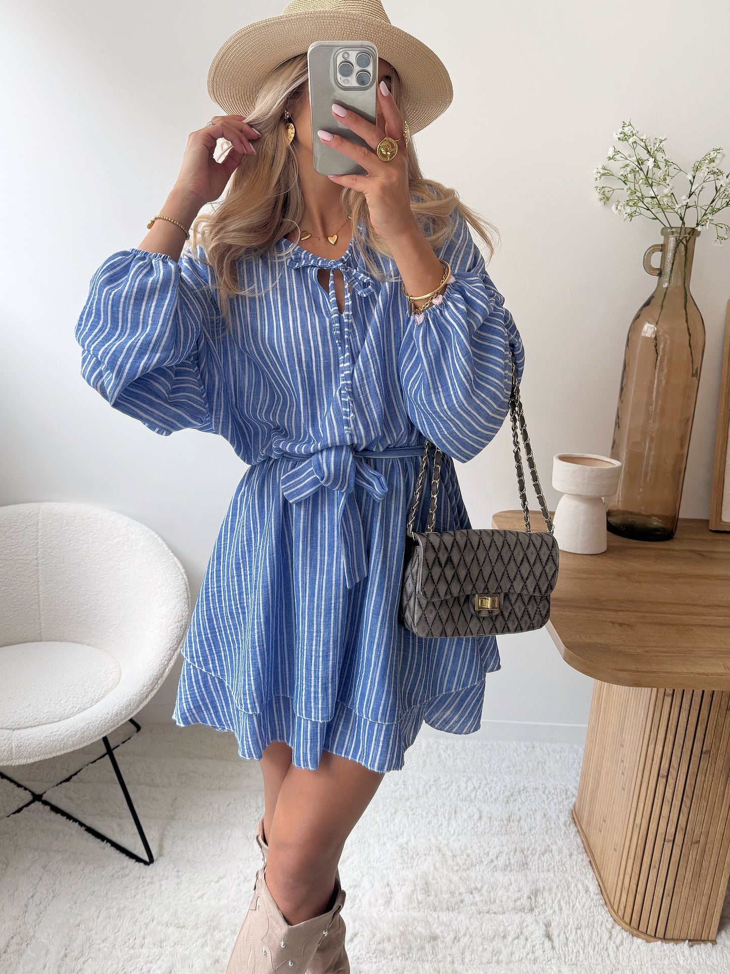 BENIA linen blend striped ruffled dress - blue
