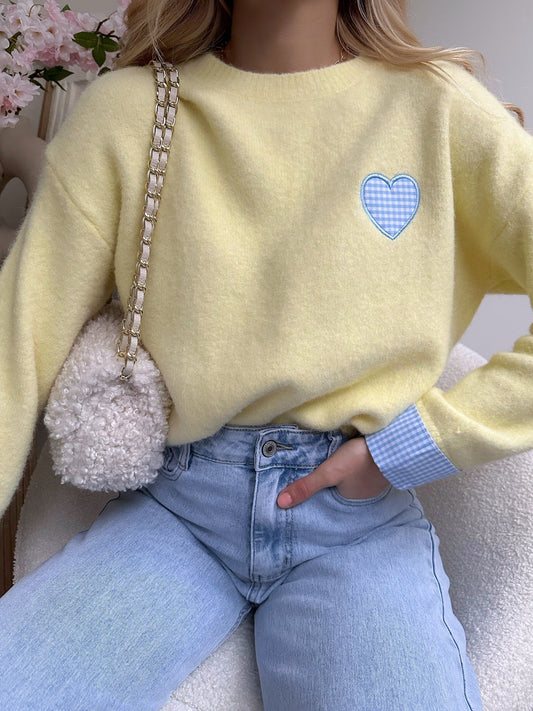 AVELINO yellow embroidered gingham print heart sweater