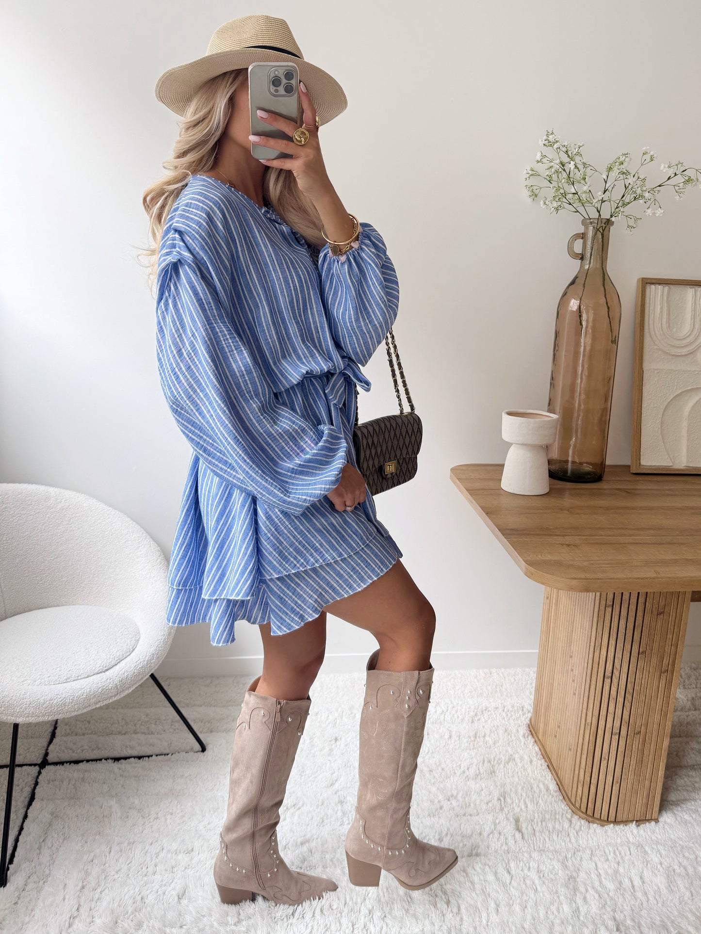 BENIA linen blend striped ruffled dress - blue