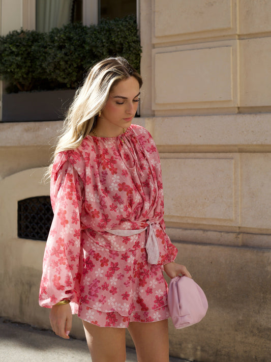 VALENTI Floral Print Ruffled Dress with Belt - Pink