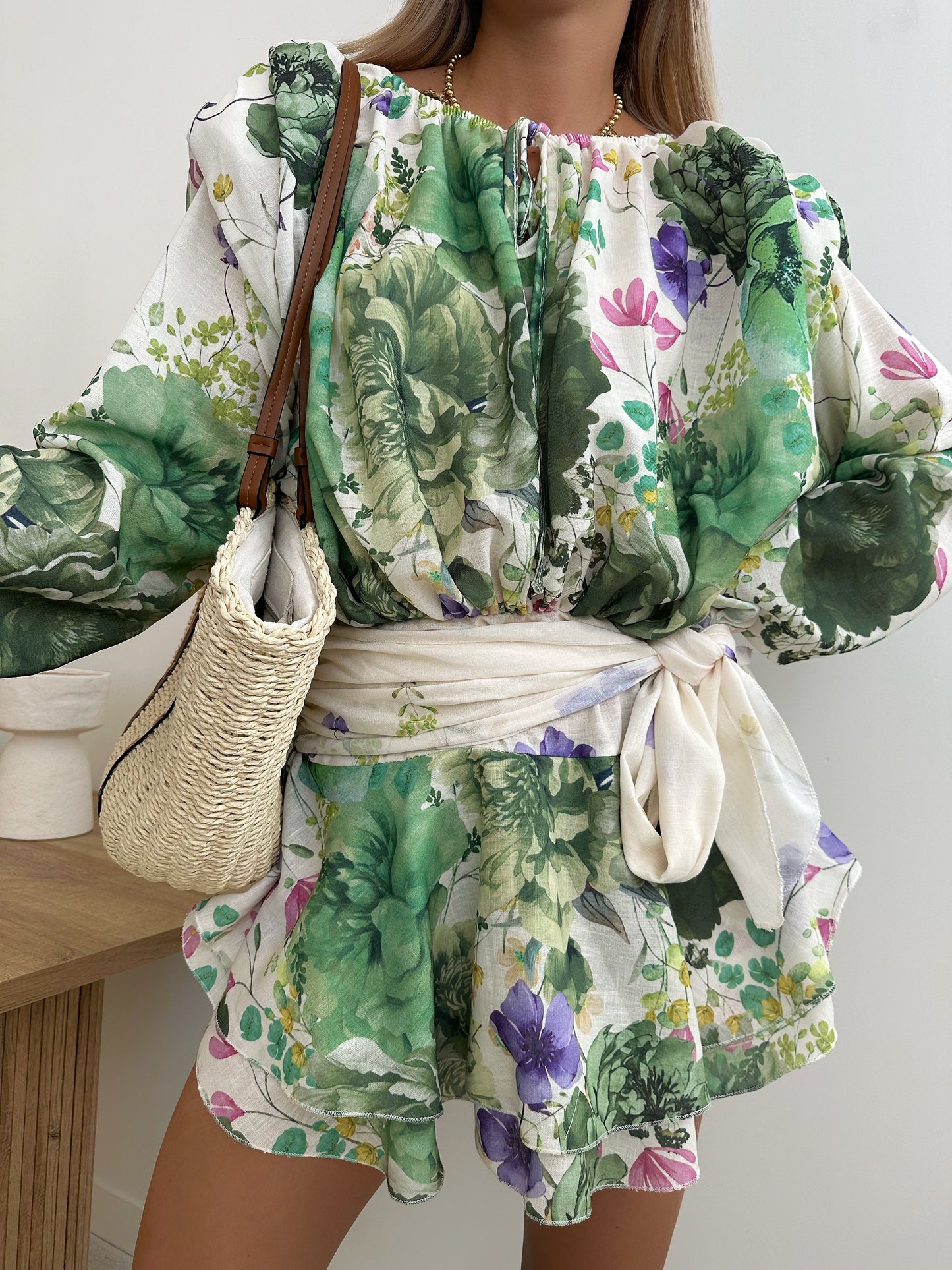 FREDERICA floral print ruffled dress with belt - green