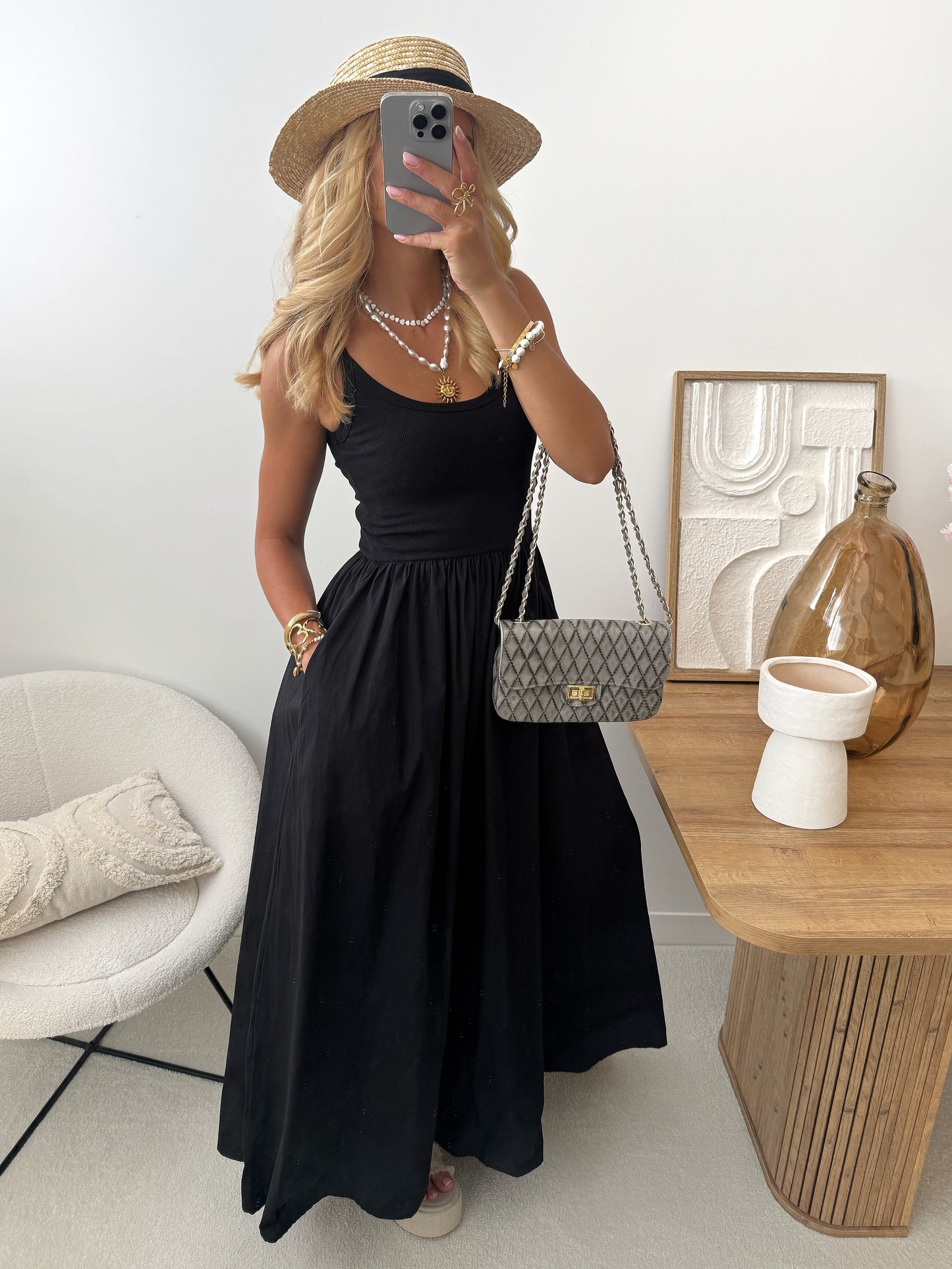 REGINE two-material long dress - black