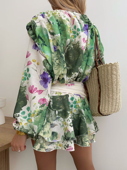 FREDERICA floral print ruffled dress with belt - green
