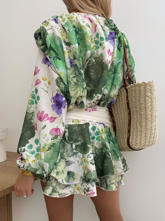 FREDERICA floral print ruffled dress with belt - green