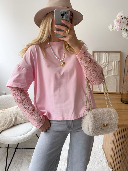 JELEN Lace Sleeve T-Shirt - Pink